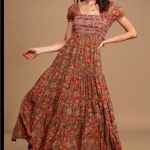 Free people Getaway Red Floral Print Pleated Tiered Maxi Dress *flaw*